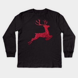 Red Faux Glitter Reindeer Kids Long Sleeve T-Shirt